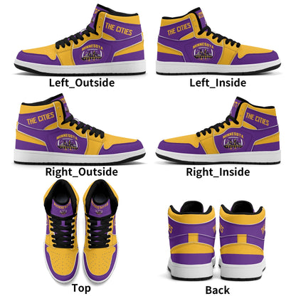 Minnesota football-inspired Jamrock High top sneaker in purple and gold with a Minneapolis skyline football badge and THE CITIES heel band