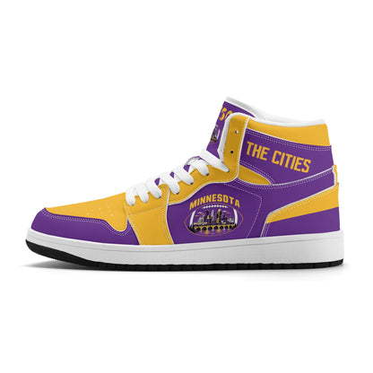Minnesota football-inspired Jamrock High top sneaker in purple and gold with a Minneapolis skyline football badge and THE CITIES heel band