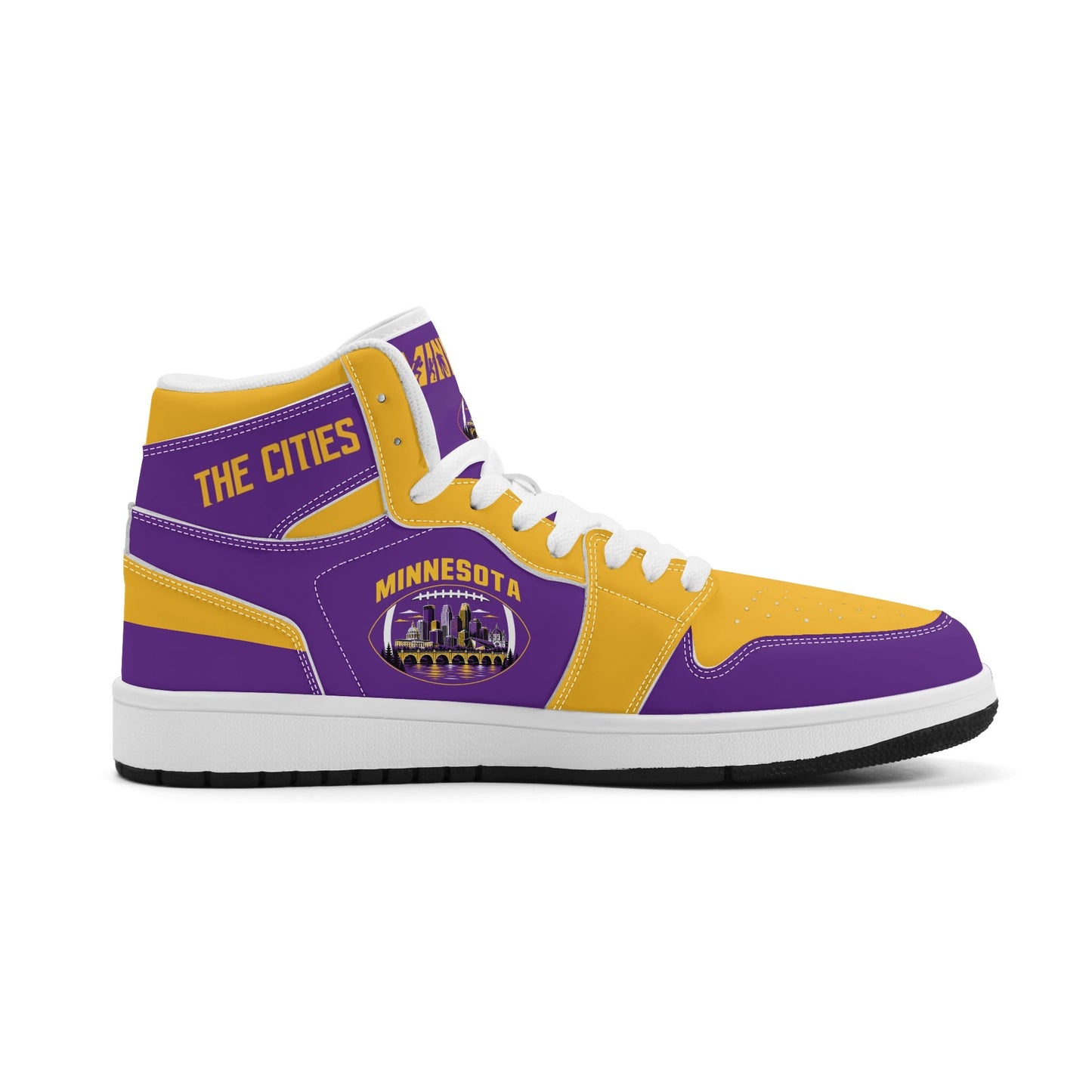 Minnesota football-inspired Jamrock High top sneaker in purple and gold with a Minneapolis skyline football badge and THE CITIES heel band