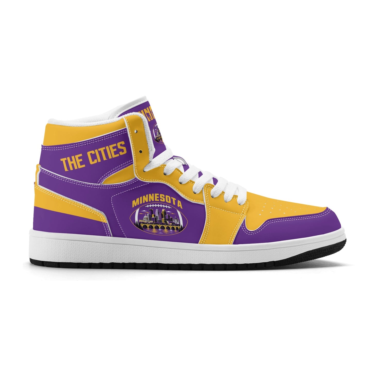 Minnesota football-inspired Jamrock High top sneaker in purple and gold with a Minneapolis skyline football badge and THE CITIES heel band