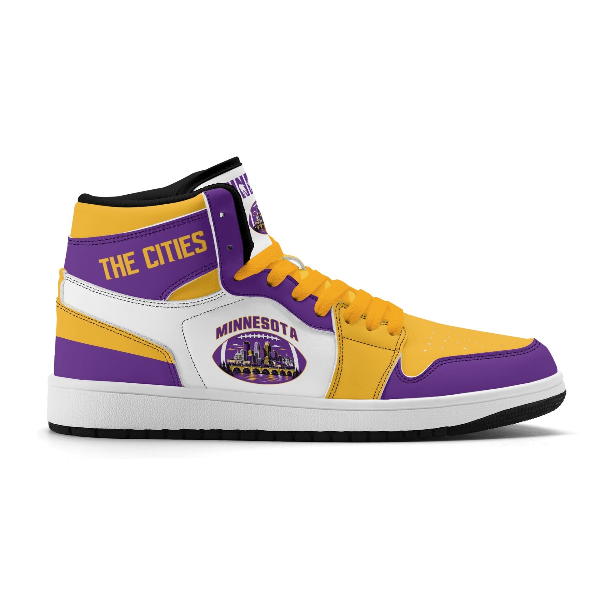 Minnesota football-inspired Jamrock High top sneaker in white with purple and gold trim and a Minneapolis skyline football badge