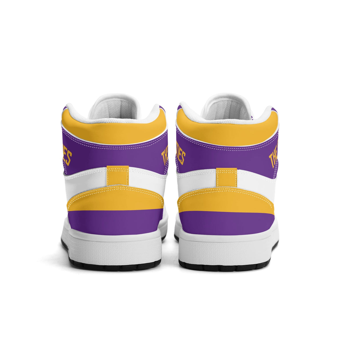 Minnesota football-inspired Jamrock High top sneaker in white with purple and gold trim and a Minneapolis skyline football badge