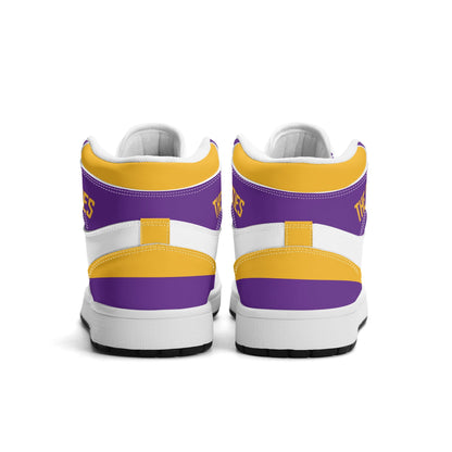 Minnesota football-inspired Jamrock High top sneaker in white with purple and gold trim and a Minneapolis skyline football badge