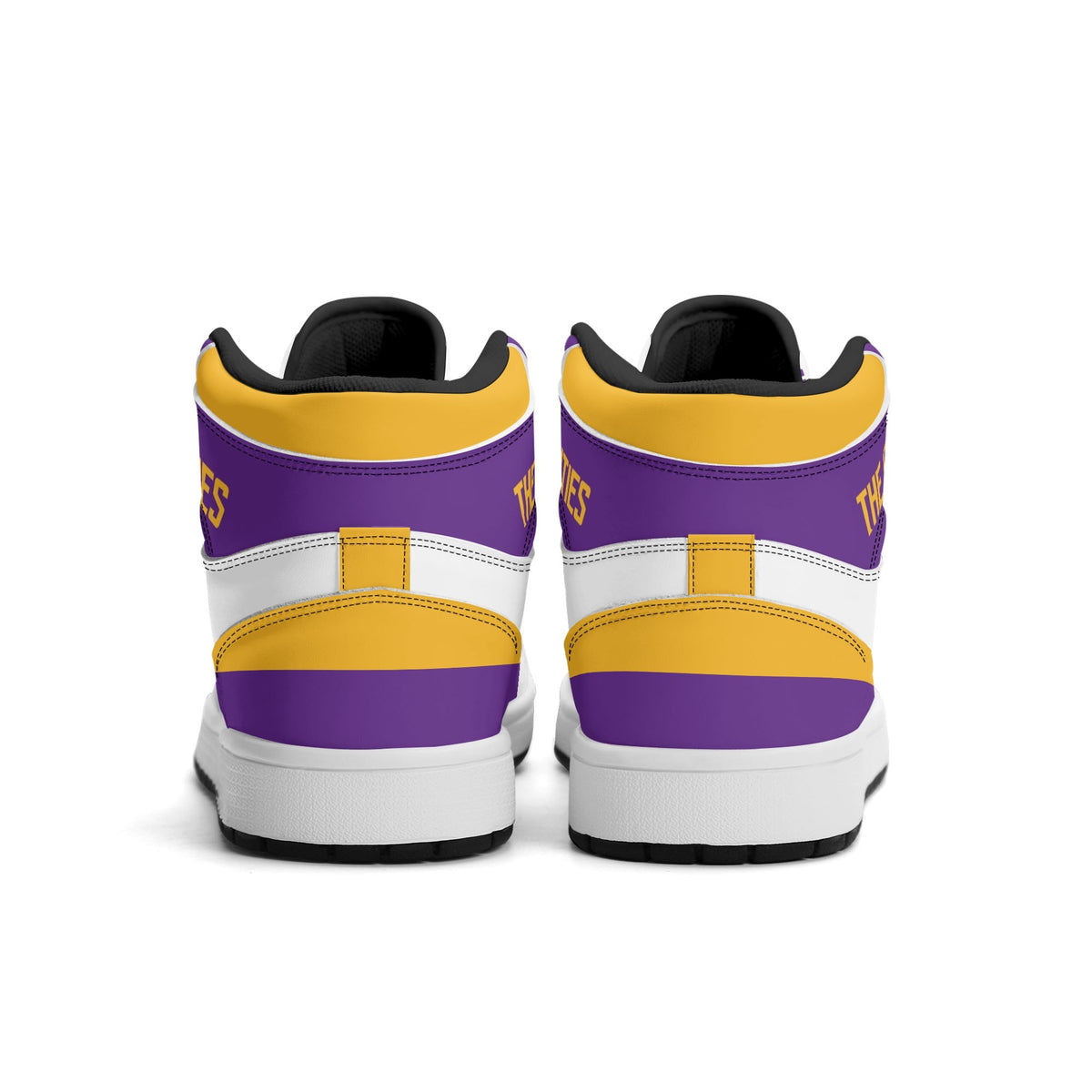 Minnesota football-inspired Jamrock High top sneaker in white with purple and gold trim and a Minneapolis skyline football badge