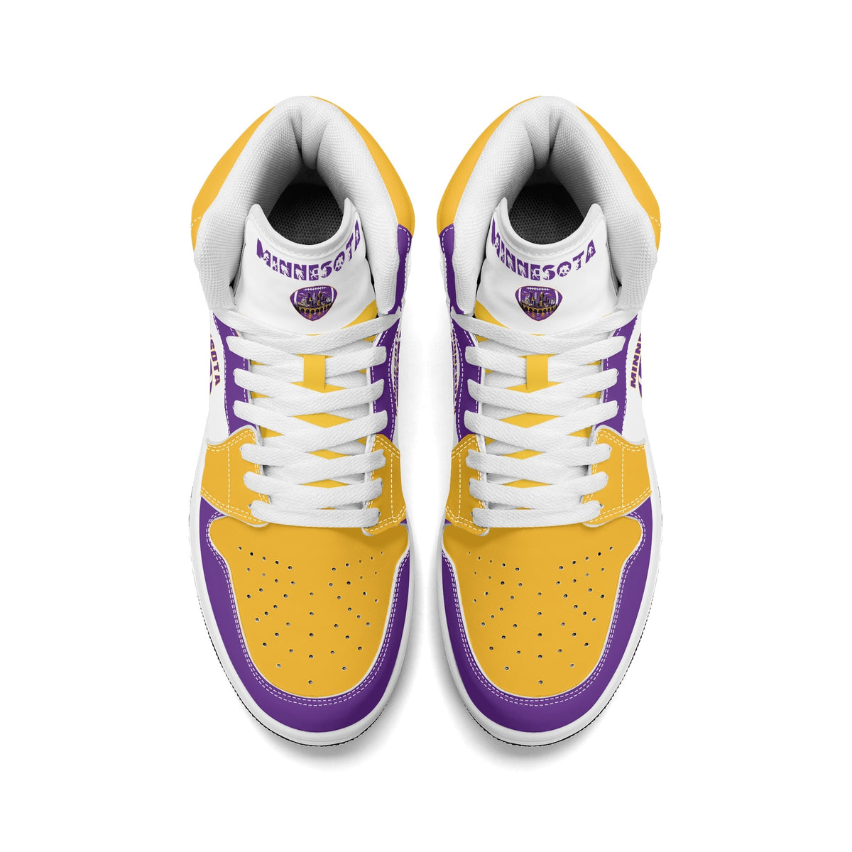 Minnesota football-inspired Jamrock High top sneaker in white with purple and gold trim and a Minneapolis skyline football badge