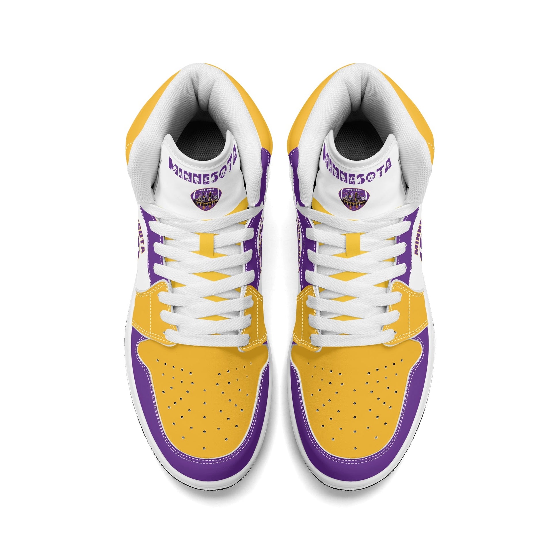 Minnesota football-inspired Jamrock High top sneaker in white with purple and gold trim and a Minneapolis skyline football badge