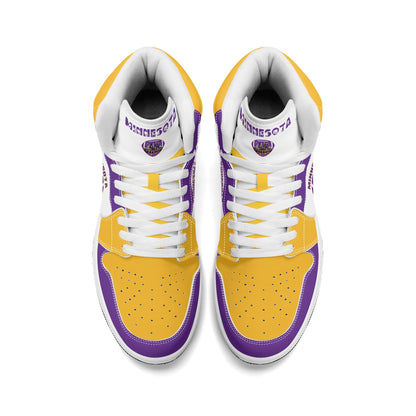 Minnesota football-inspired Jamrock High top sneaker in white with purple and gold trim and a Minneapolis skyline football badge