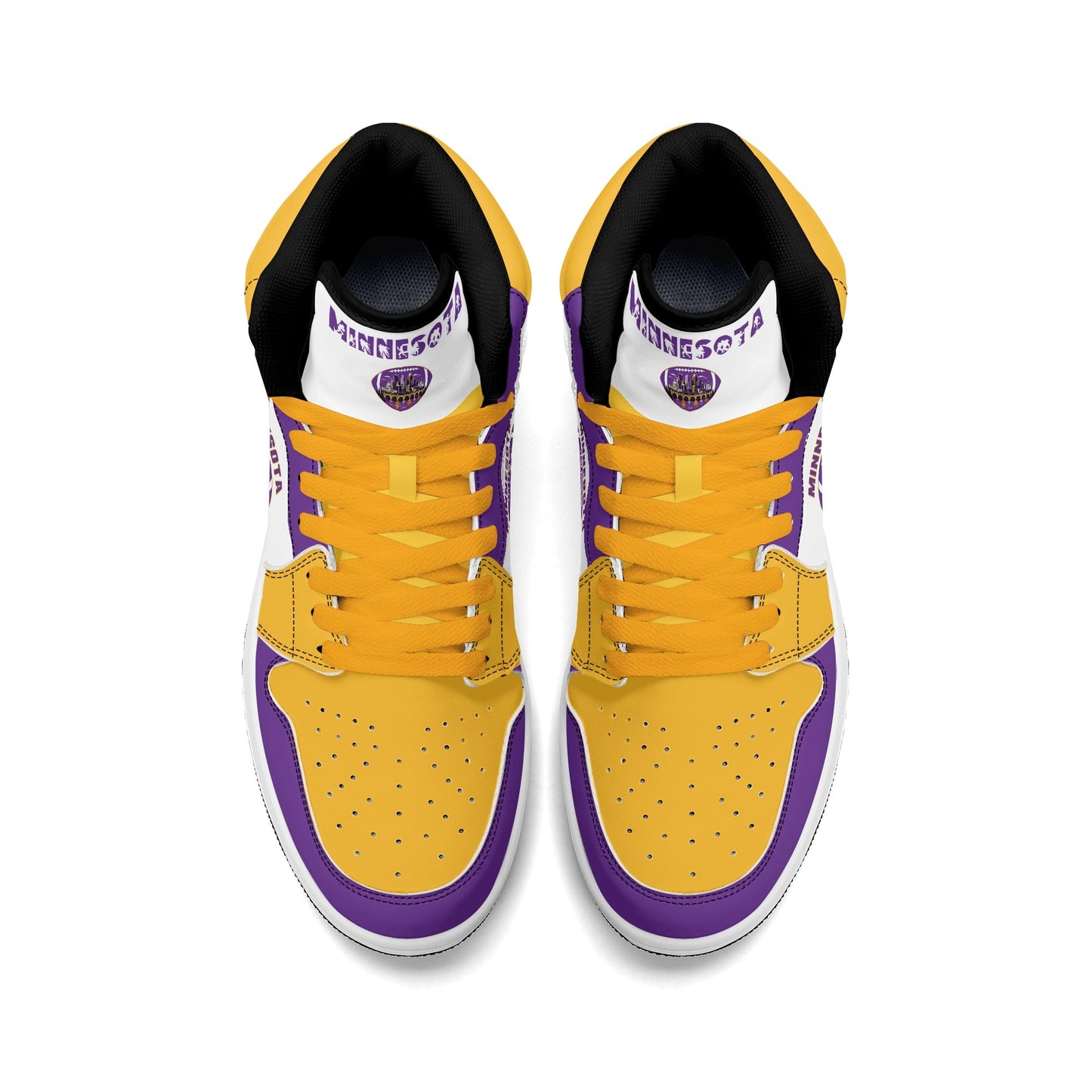 Minnesota football-inspired Jamrock High top sneaker in white with purple and gold trim and a Minneapolis skyline football badge