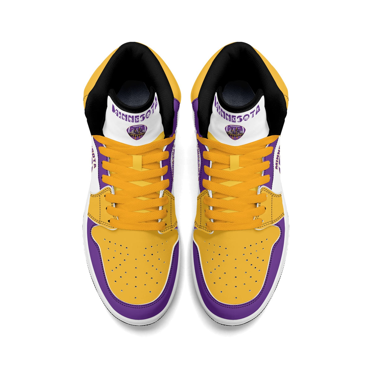 Minnesota football-inspired Jamrock High top sneaker in white with purple and gold trim and a Minneapolis skyline football badge