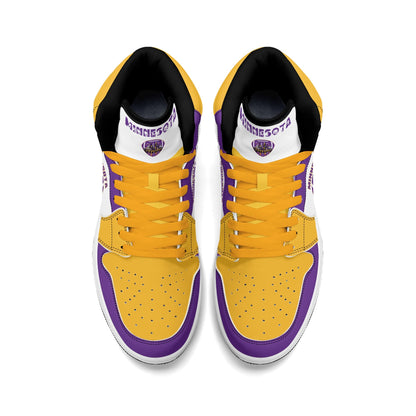 Minnesota football-inspired Jamrock High top sneaker in white with purple and gold trim and a Minneapolis skyline football badge
