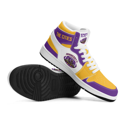 Minnesota football-inspired Jamrock High top sneaker in white with purple and gold trim and a Minneapolis skyline football badge