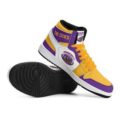 Minnesota football-inspired Jamrock High top sneaker in white with purple and gold trim and a Minneapolis skyline football badge