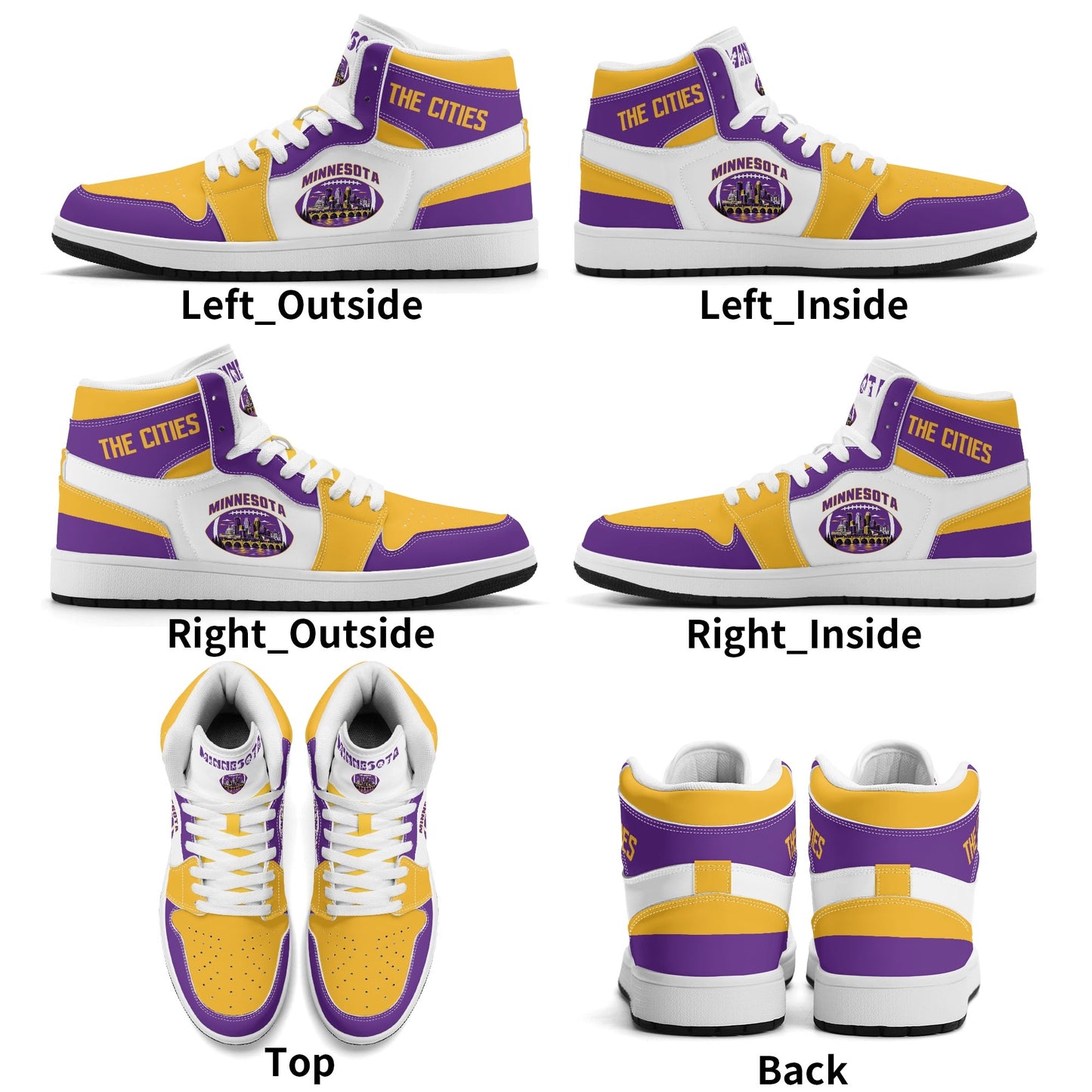 Minnesota football-inspired Jamrock High top sneaker in white with purple and gold trim and a Minneapolis skyline football badge