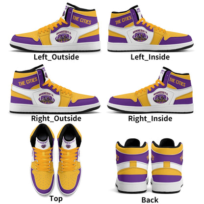 Minnesota football-inspired Jamrock High top sneaker in white with purple and gold trim and a Minneapolis skyline football badge