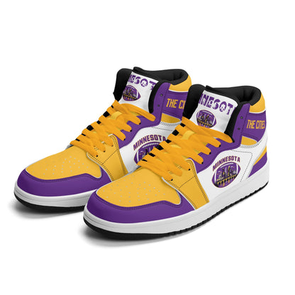 Minnesota football-inspired Jamrock High top sneaker in white with purple and gold trim and a Minneapolis skyline football badge