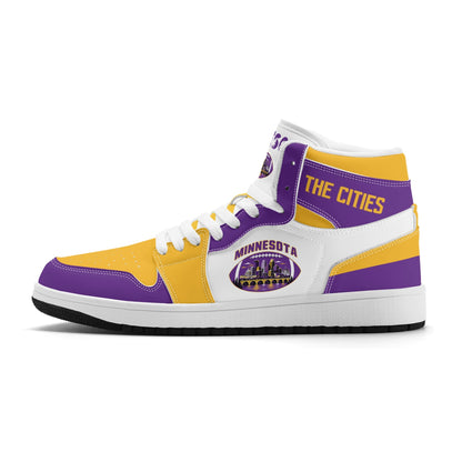 Minnesota football-inspired Jamrock High top sneaker in white with purple and gold trim and a Minneapolis skyline football badge