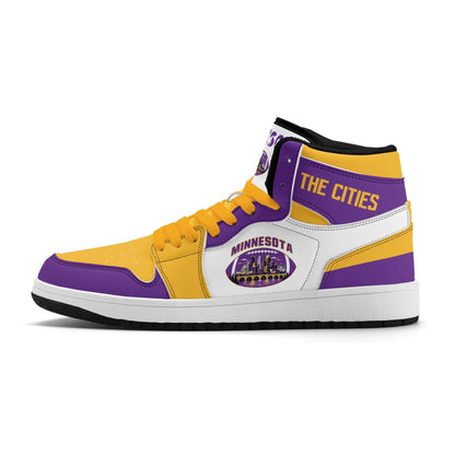 Minnesota football-inspired Jamrock High top sneaker in white with purple and gold trim and a Minneapolis skyline football badge