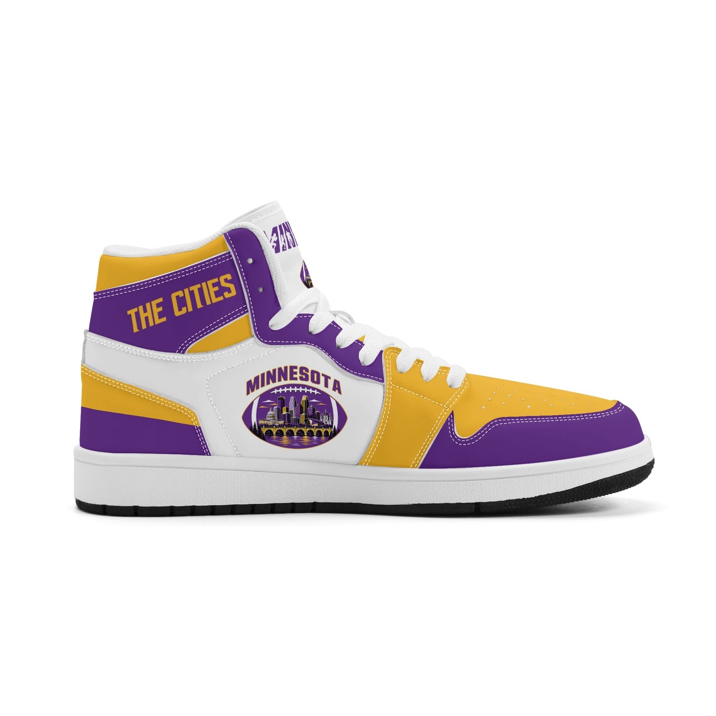 Minnesota football-inspired Jamrock High top sneaker in white with purple and gold trim and a Minneapolis skyline football badge