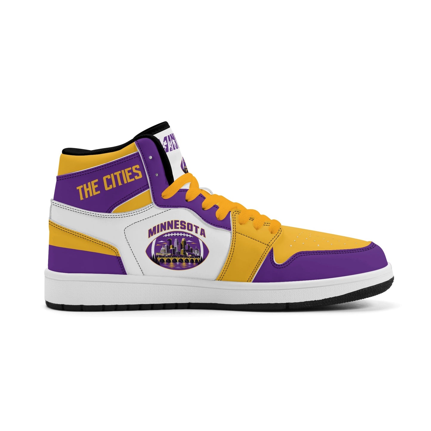Minnesota football-inspired Jamrock High top sneaker in white with purple and gold trim and a Minneapolis skyline football badge