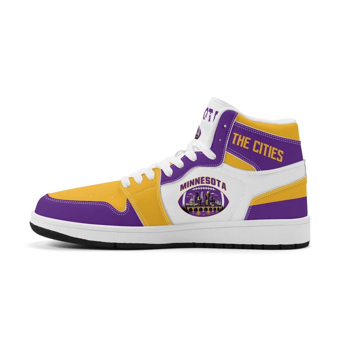 Minnesota football-inspired Jamrock High top sneaker in white with purple and gold trim and a Minneapolis skyline football badge