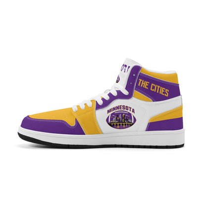 Minnesota football-inspired Jamrock High top sneaker in white with purple and gold trim and a Minneapolis skyline football badge
