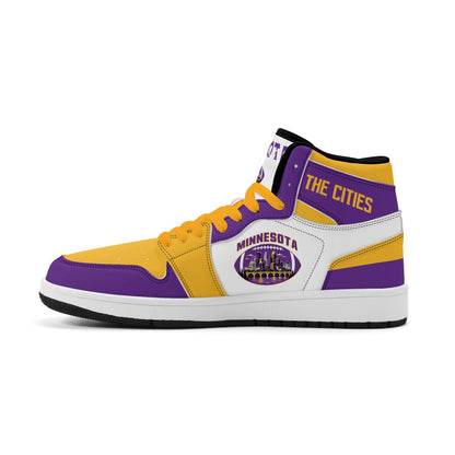 Minnesota football-inspired Jamrock High top sneaker in white with purple and gold trim and a Minneapolis skyline football badge