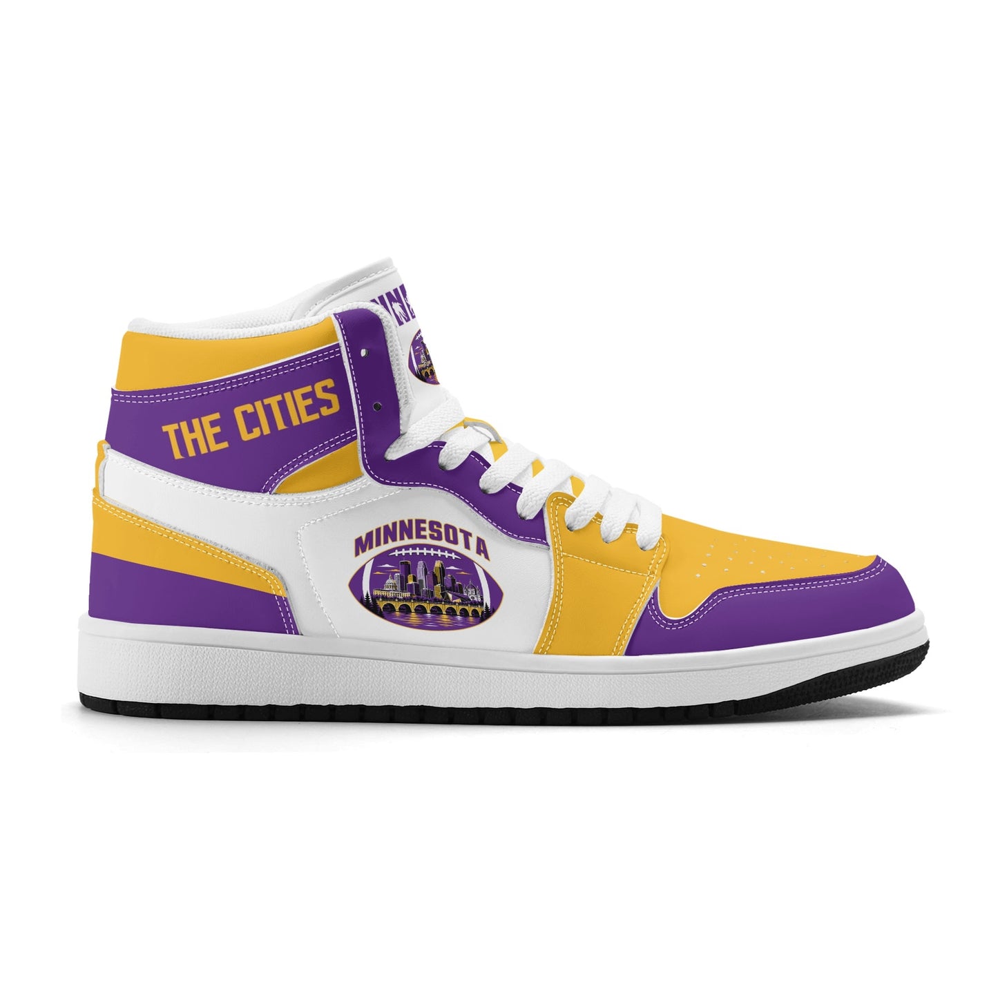 Minnesota football-inspired Jamrock High top sneaker in white with purple and gold trim and a Minneapolis skyline football badge