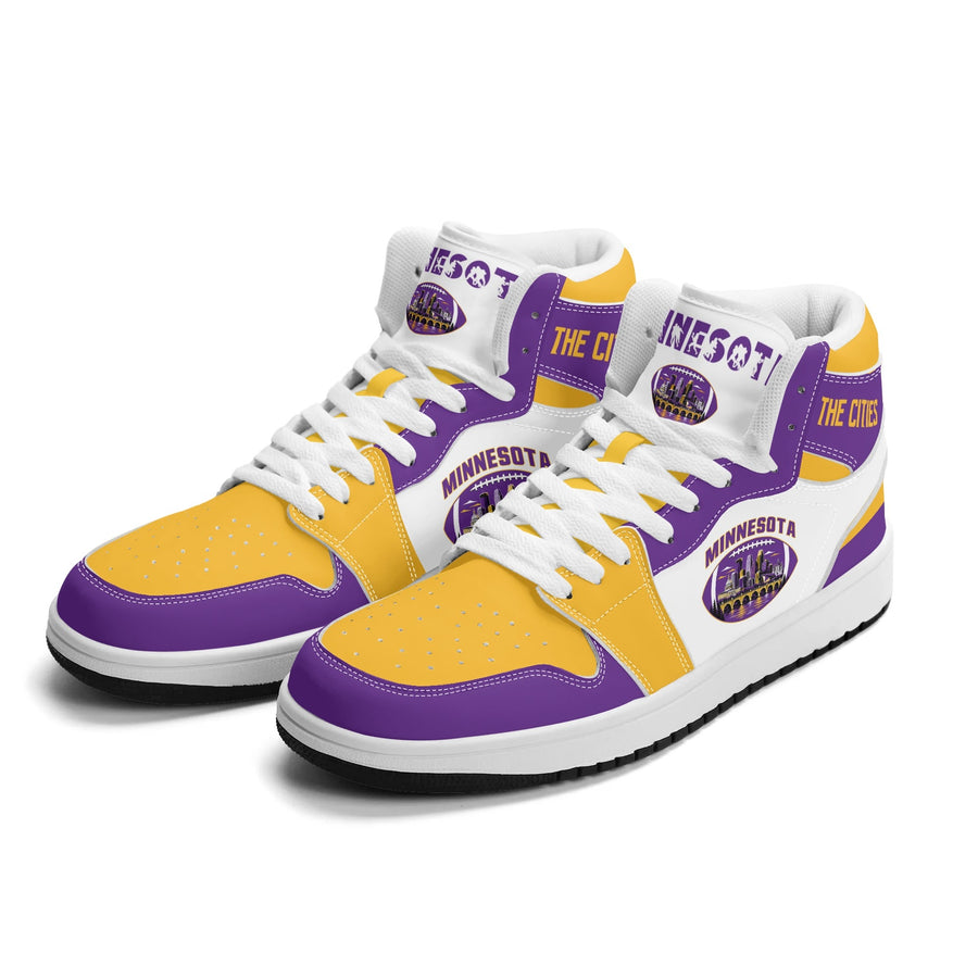 Minnesota football-inspired Jamrock High top sneaker in white with purple and gold trim and a Minneapolis skyline football badge