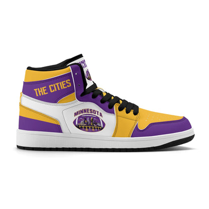 Minnesota football-inspired Jamrock High top sneaker in white with purple and gold trim and a Minneapolis skyline football badge