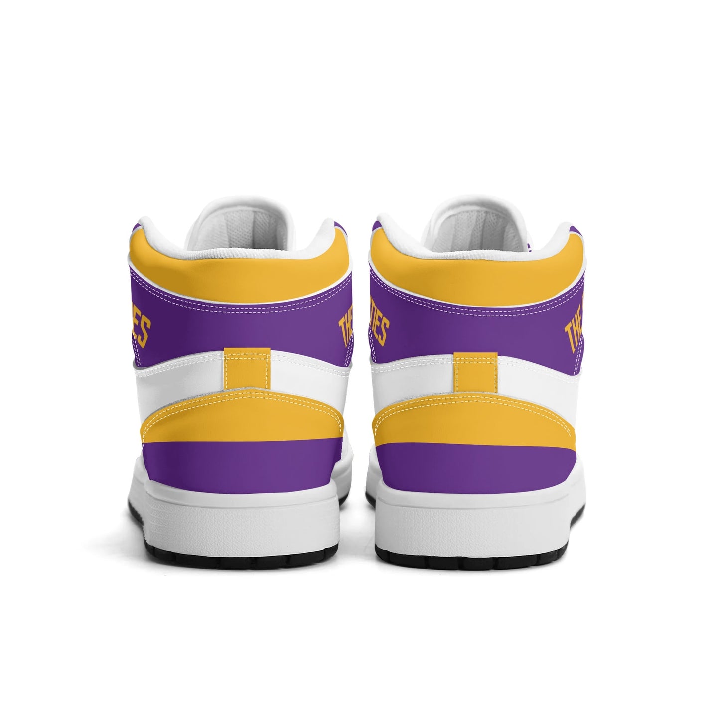Minnesota football-inspired Jamrock High top sneaker in white with purple and gold trim and a Minneapolis skyline football badge