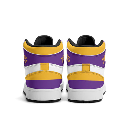 Minnesota football-inspired Jamrock High top sneaker in white with purple and gold trim and a Minneapolis skyline football badge