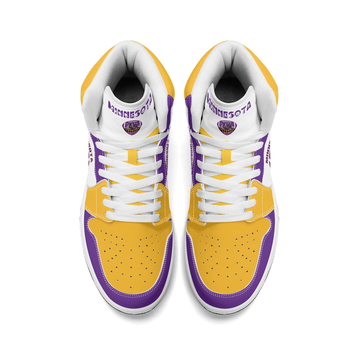Minnesota football-inspired Jamrock High top sneaker in white with purple and gold trim and a Minneapolis skyline football badge