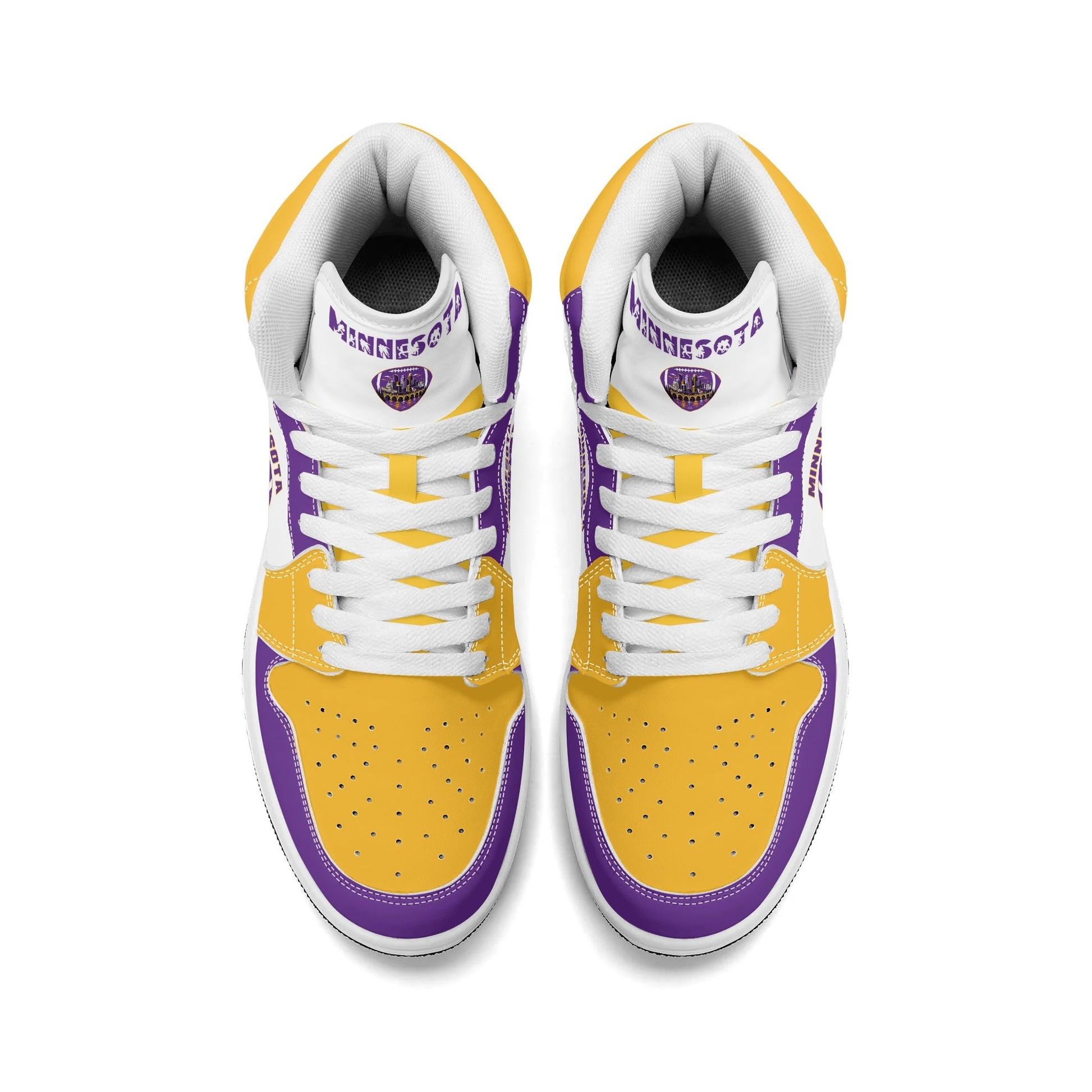 Minnesota football-inspired Jamrock High top sneaker in white with purple and gold trim and a Minneapolis skyline football badge