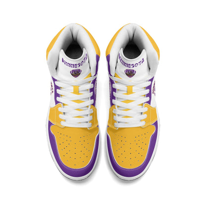 Minnesota football-inspired Jamrock High top sneaker in white with purple and gold trim and a Minneapolis skyline football badge