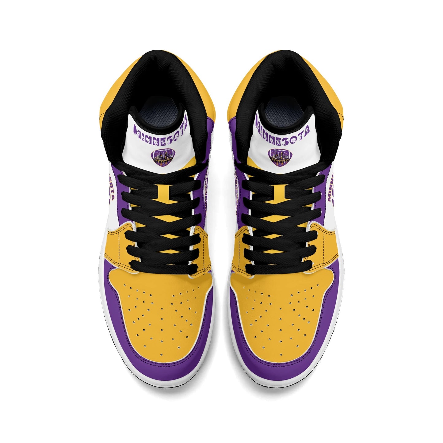 Minnesota football-inspired Jamrock High top sneaker in white with purple and gold trim and a Minneapolis skyline football badge