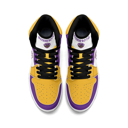 Minnesota football-inspired Jamrock High top sneaker in white with purple and gold trim and a Minneapolis skyline football badge