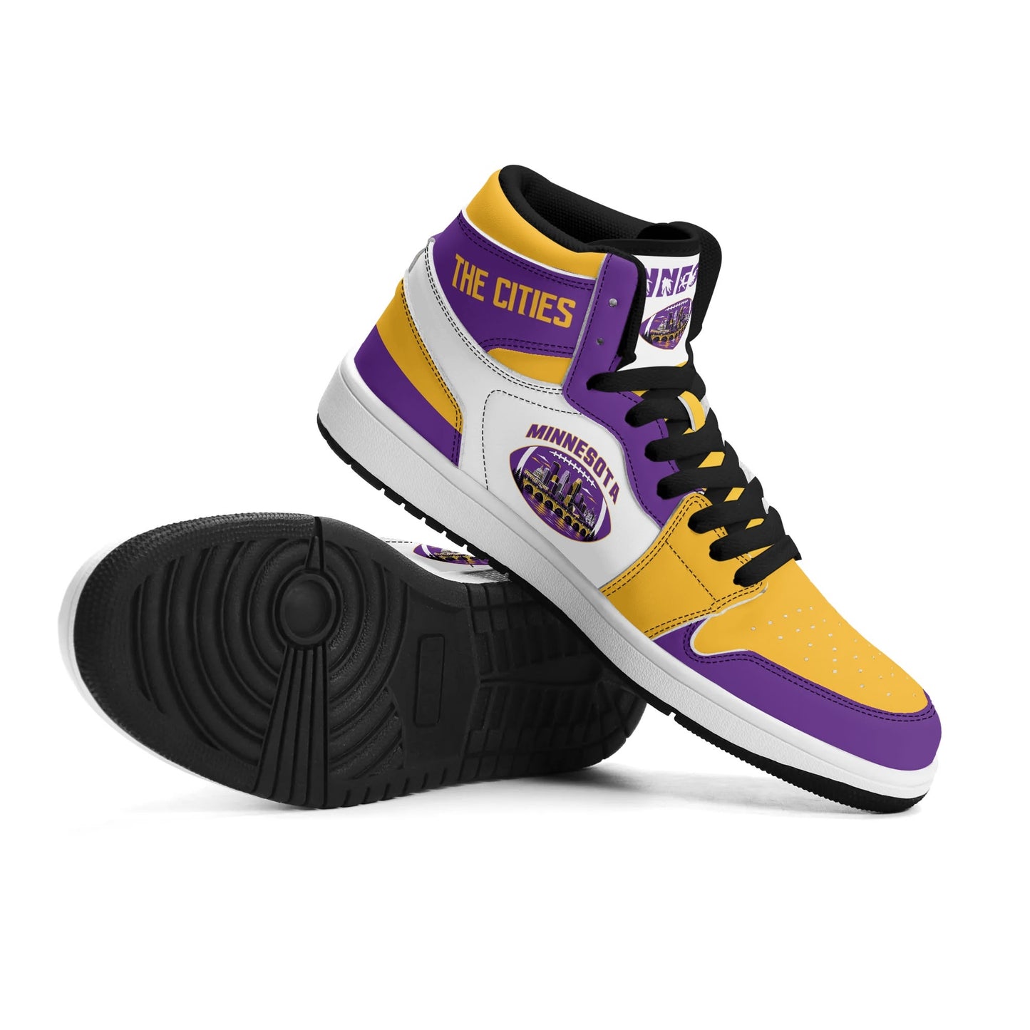 Minnesota football-inspired Jamrock High top sneaker in white with purple and gold trim and a Minneapolis skyline football badge
