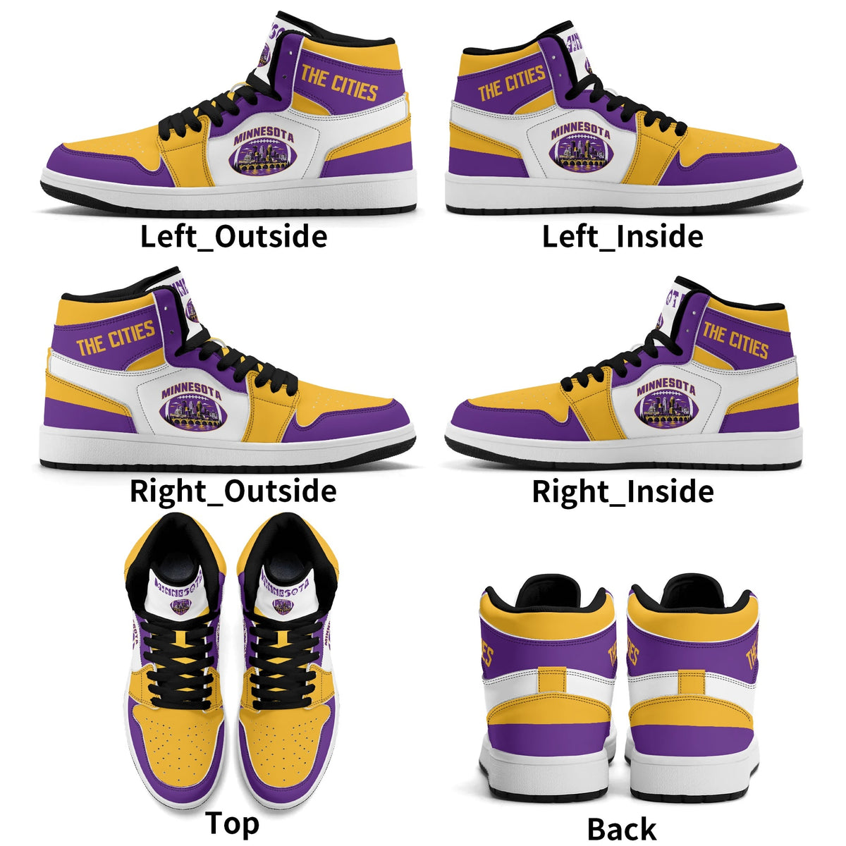 Minnesota football-inspired Jamrock High top sneaker in white with purple and gold trim and a Minneapolis skyline football badge