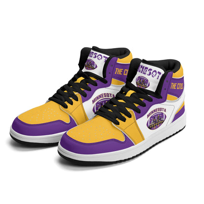 Minnesota football-inspired Jamrock High top sneaker in white with purple and gold trim and a Minneapolis skyline football badge
