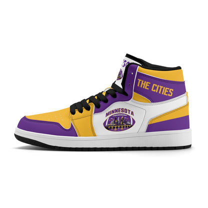 Minnesota football-inspired Jamrock High top sneaker in white with purple and gold trim and a Minneapolis skyline football badge
