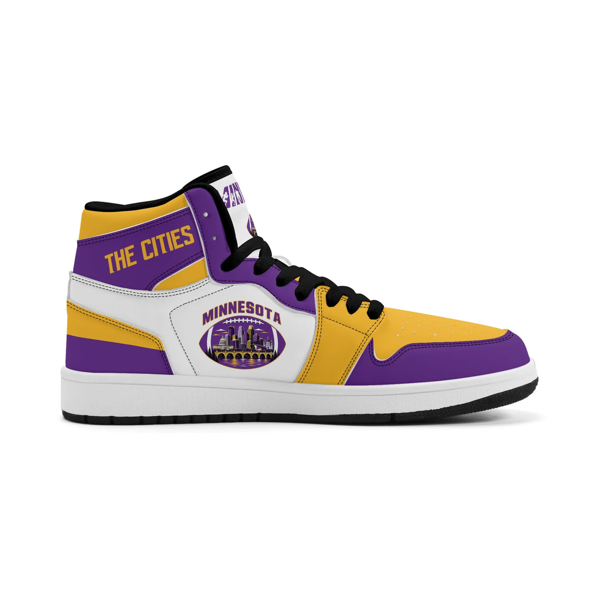 Minnesota football-inspired Jamrock High top sneaker in white with purple and gold trim and a Minneapolis skyline football badge