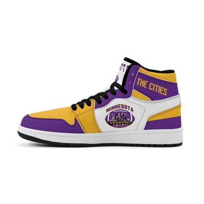 Minnesota football-inspired Jamrock High top sneaker in white with purple and gold trim and a Minneapolis skyline football badge