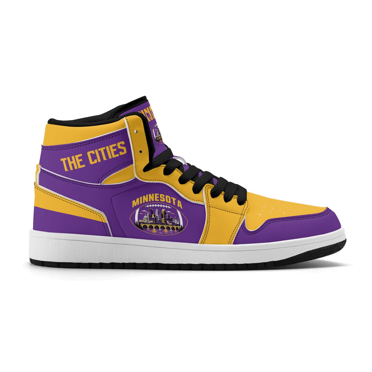 Minnesota football-inspired Jamrock High top sneaker in purple and gold with a Minneapolis skyline football badge and THE CITIES heel band