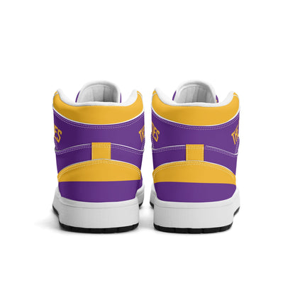 Minnesota football-inspired Jamrock High top sneaker in purple and gold with a Minneapolis skyline football badge and THE CITIES heel band