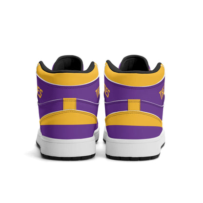 Minnesota football-inspired Jamrock High top sneaker in purple and gold with a Minneapolis skyline football badge and THE CITIES heel band