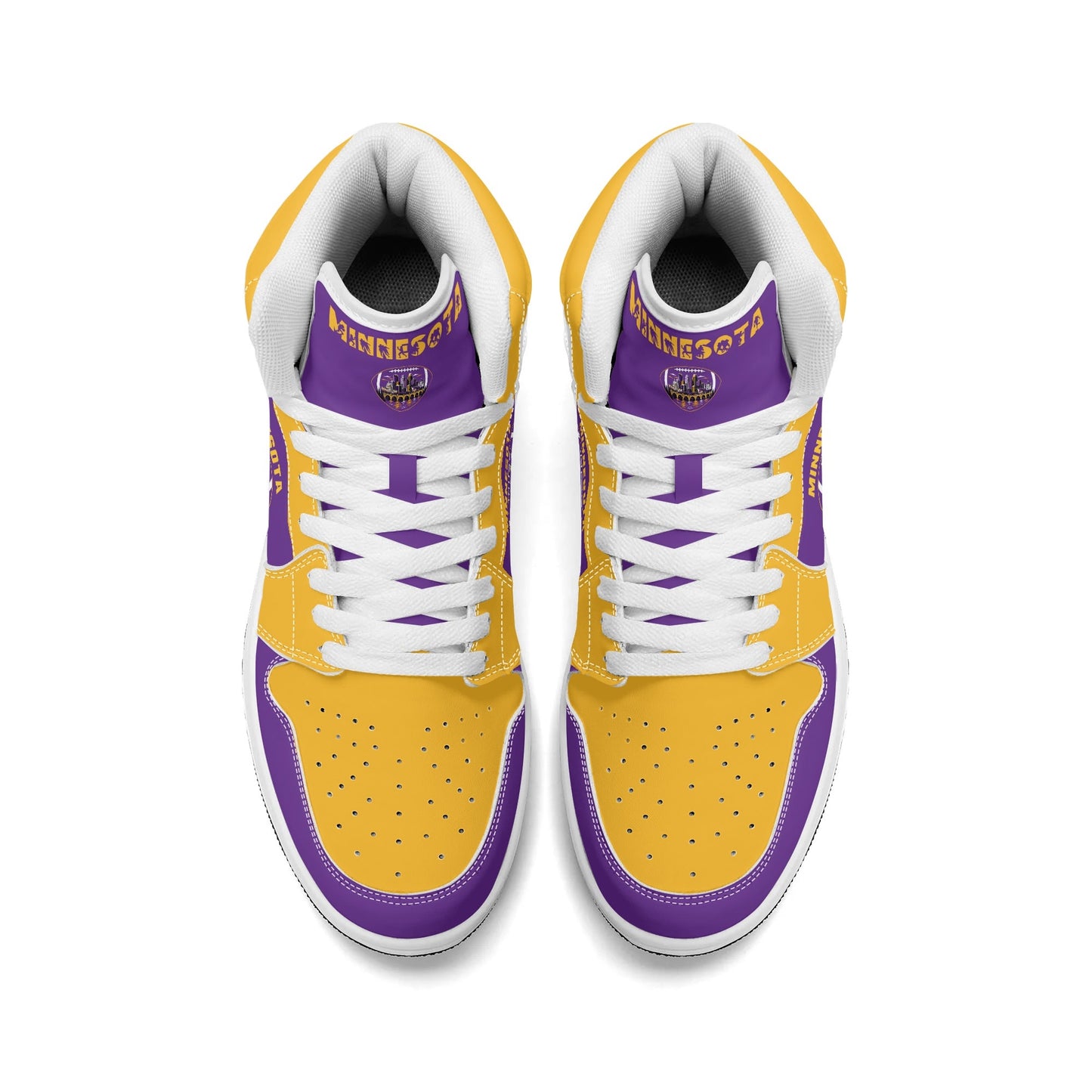 Minnesota football-inspired Jamrock High top sneaker in purple and gold with a Minneapolis skyline football badge and THE CITIES heel band