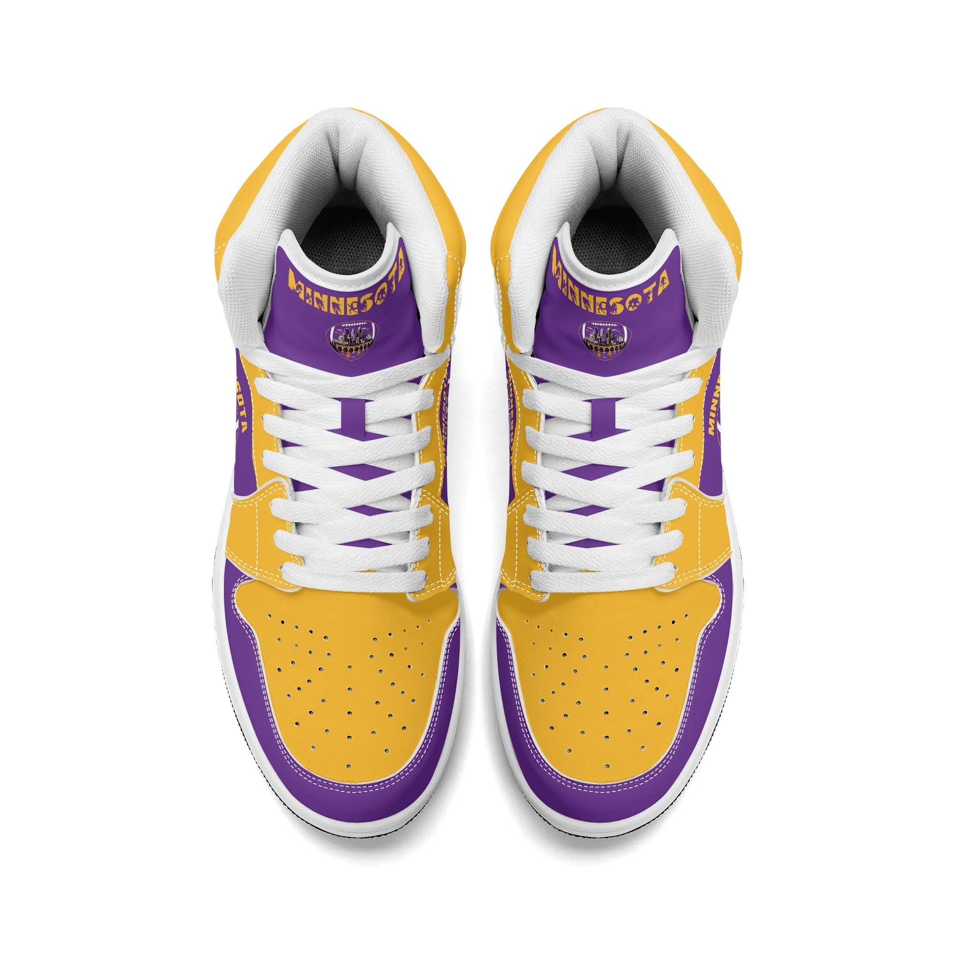 Minnesota football-inspired Jamrock High top sneaker in purple and gold with a Minneapolis skyline football badge and THE CITIES heel band