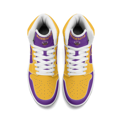 Minnesota football-inspired Jamrock High top sneaker in purple and gold with a Minneapolis skyline football badge and THE CITIES heel band