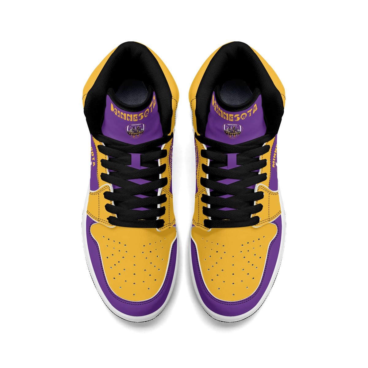 Minnesota football-inspired Jamrock High top sneaker in purple and gold with a Minneapolis skyline football badge and THE CITIES heel band