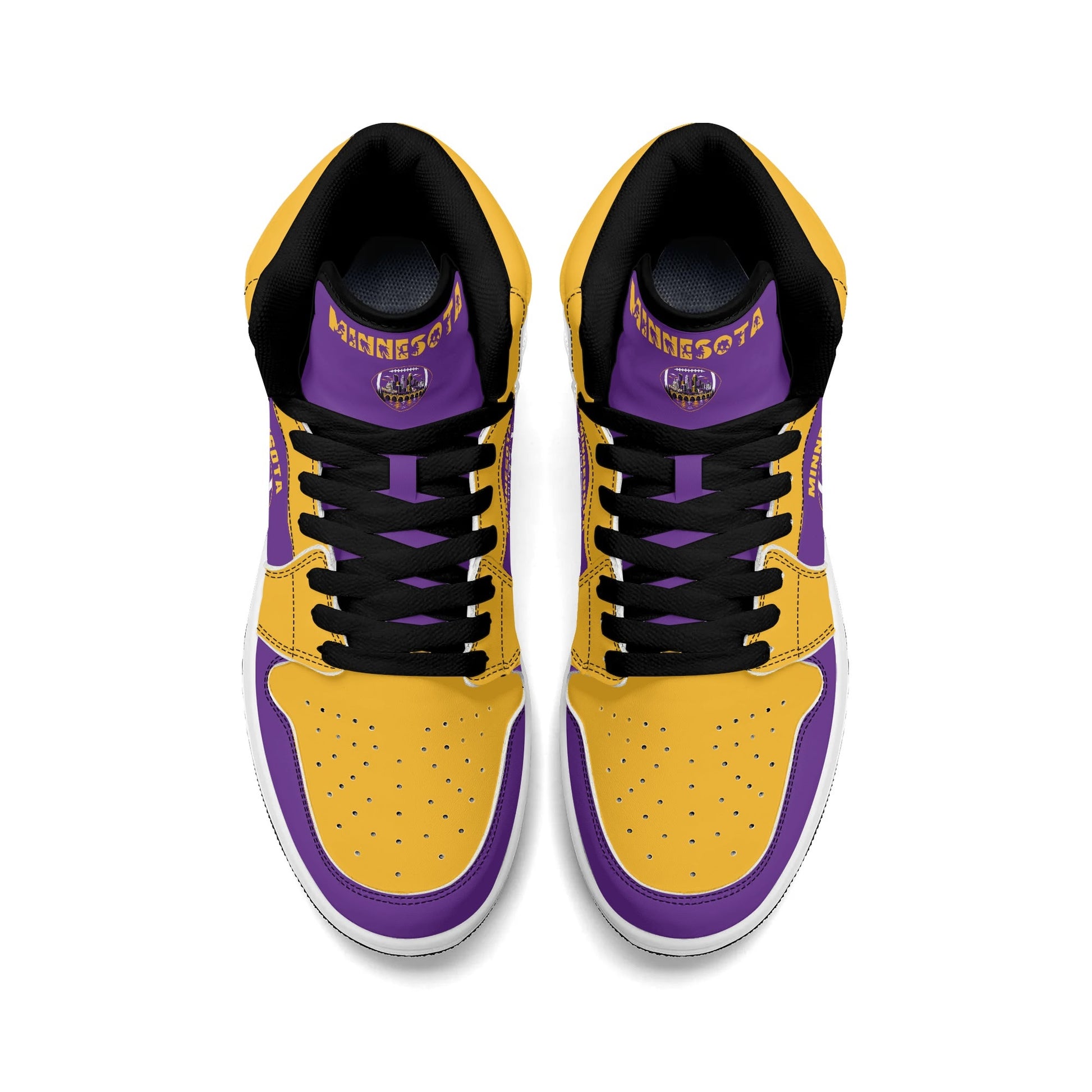 Minnesota football-inspired Jamrock High top sneaker in purple and gold with a Minneapolis skyline football badge and THE CITIES heel band